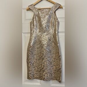 ✨ Marchesa Notte - Luxury Designer - Gold Jacquard Cocktail Dress